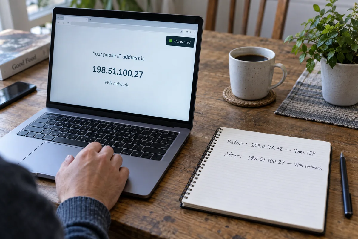 A before-and-after notebook compares the home ISP public IP with the VPN public IP.