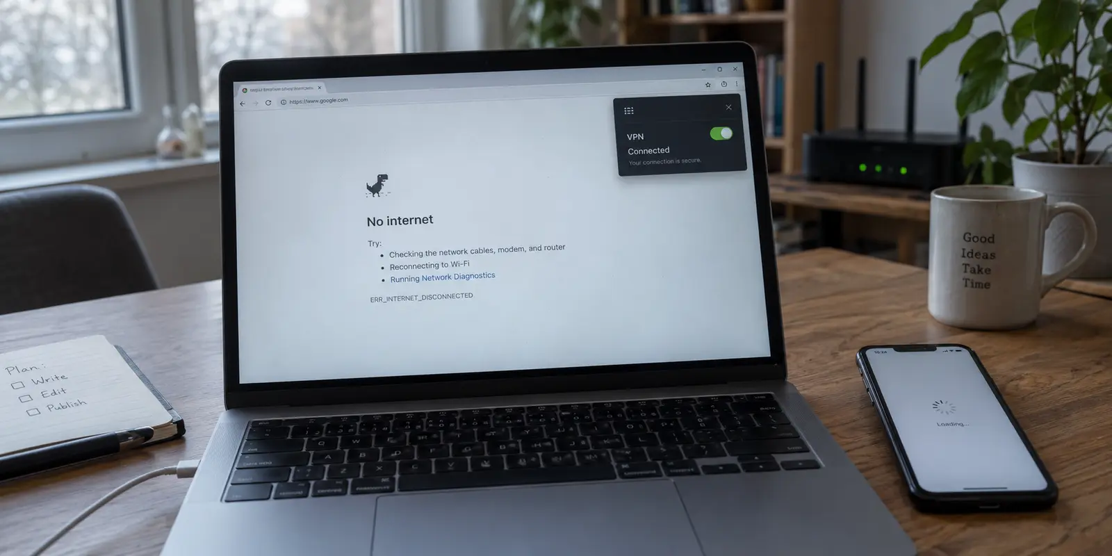 Laptop showing No internet while its VPN status still says Connected