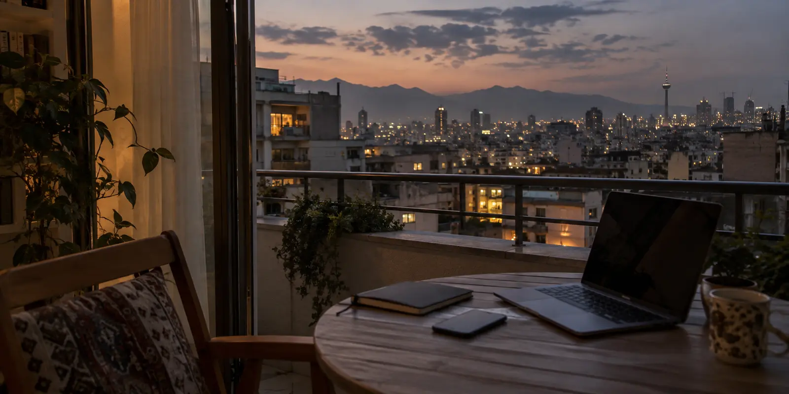 A phone and laptop on a Tehran apartment balcony at dusk