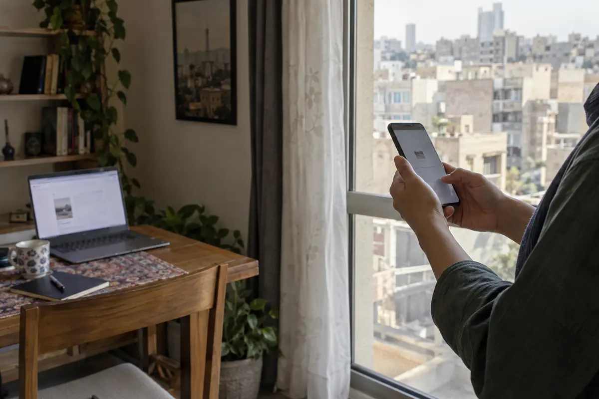 A person comparing mobile data on a phone with home internet on a laptop in Tehran