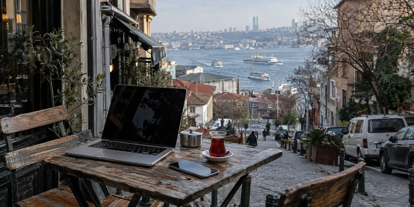 A laptop and phone on a café terrace overlooking an Istanbul street and the Bosphorus
