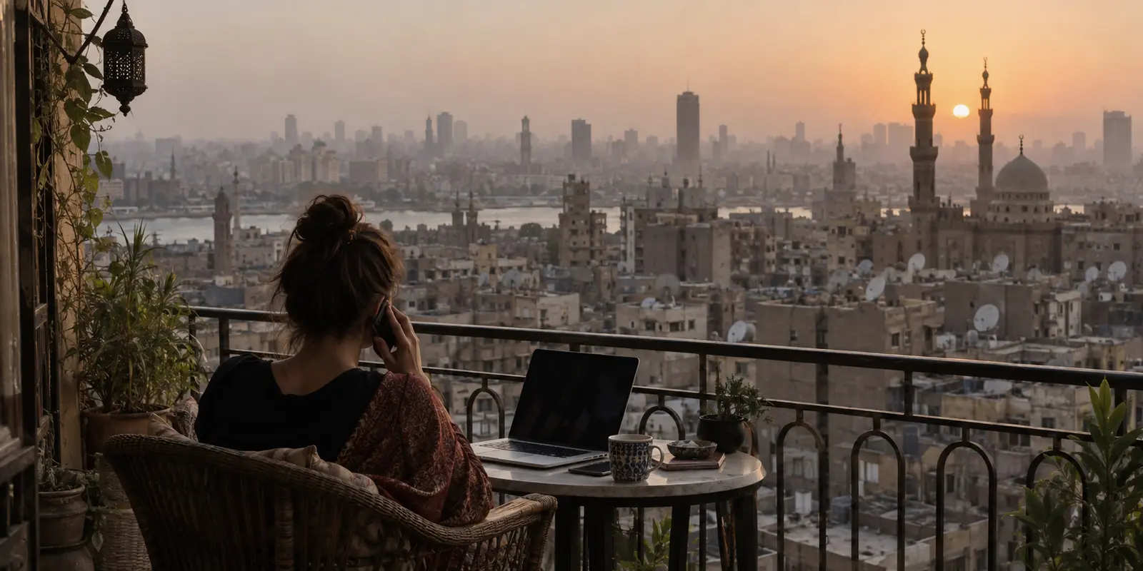 A traveler making a phone call from a balcony overlooking Cairo