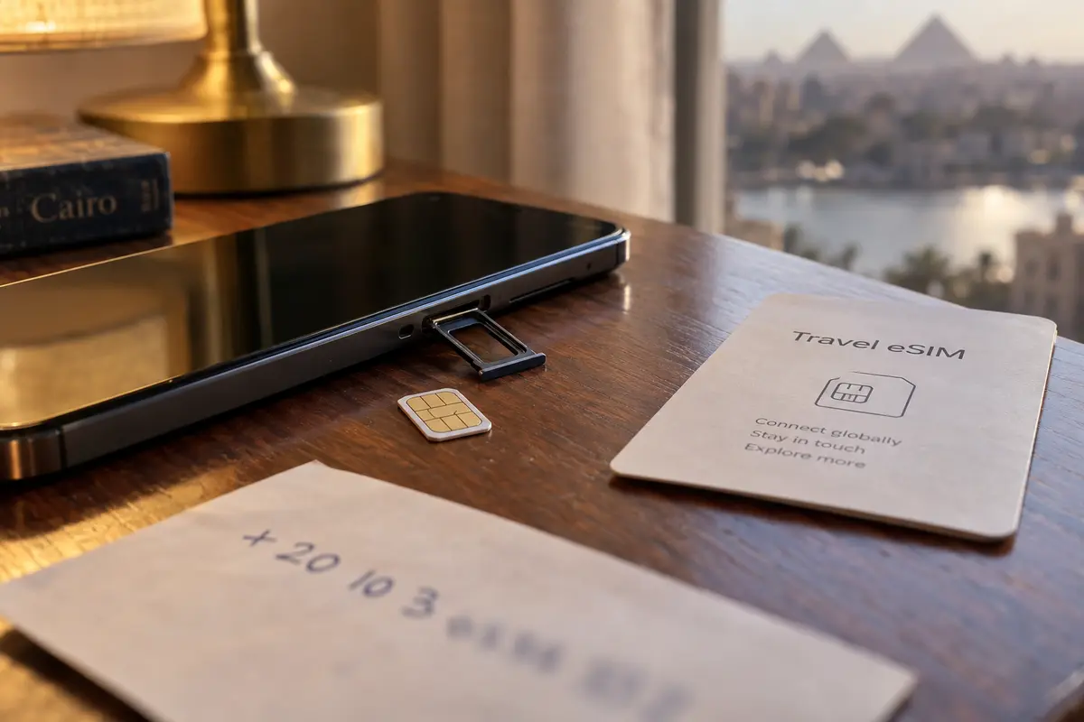 A phone with its SIM tray open beside a travel eSIM package in Cairo