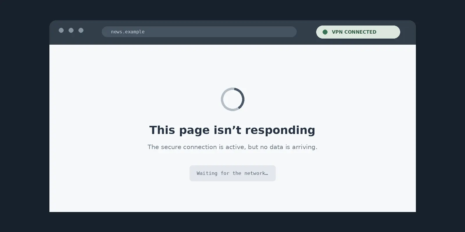 A browser remains unresponsive even though its VPN status says connected
