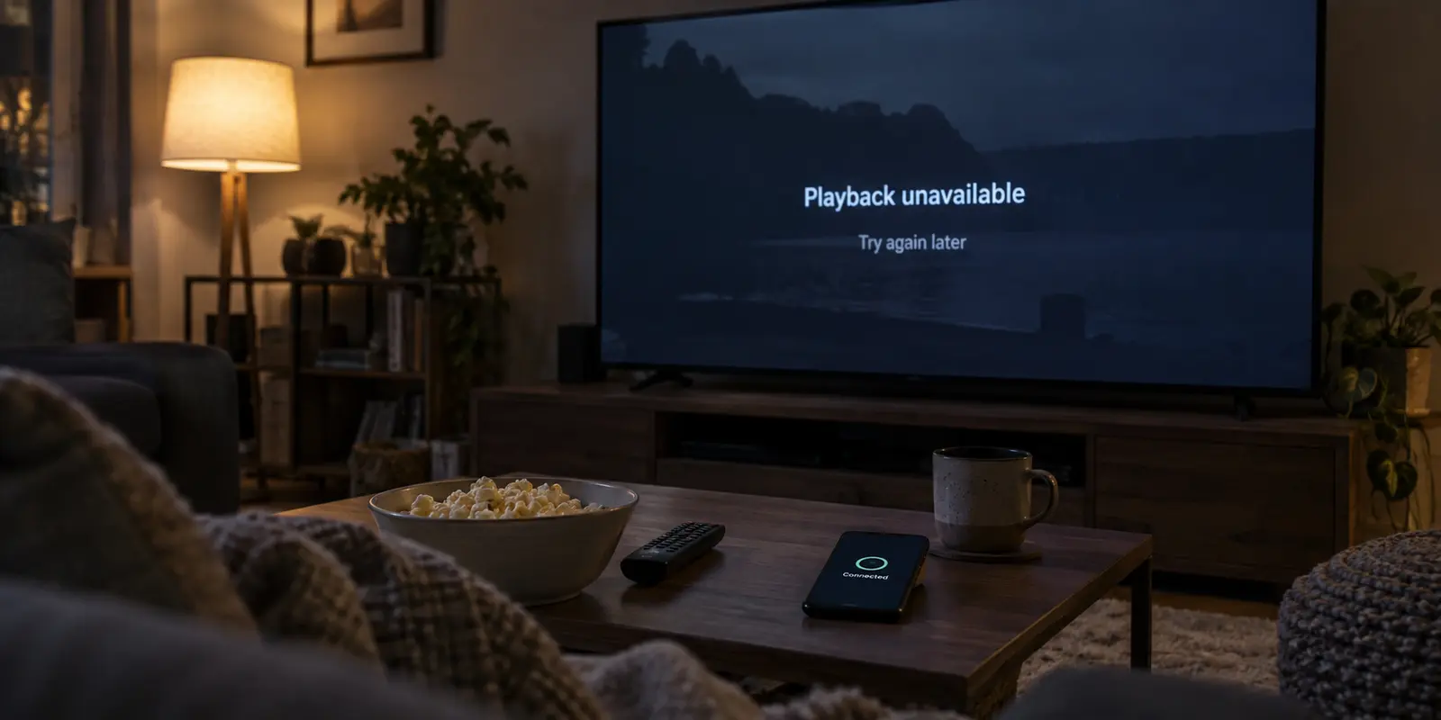 A television showing a playback error while a phone on the coffee table still reports a connected VPN