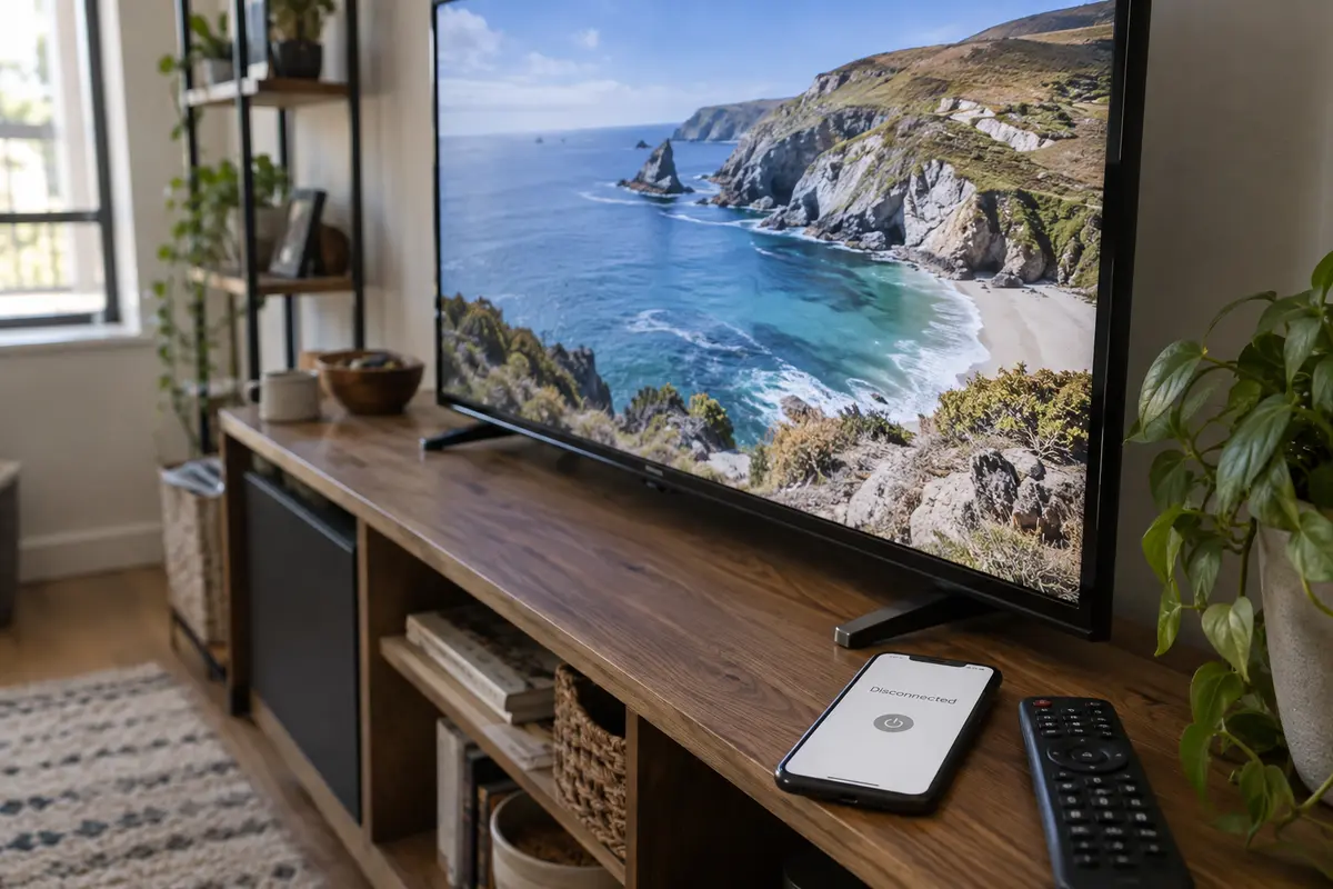 A television playing normally while the nearby phone shows the VPN disconnected