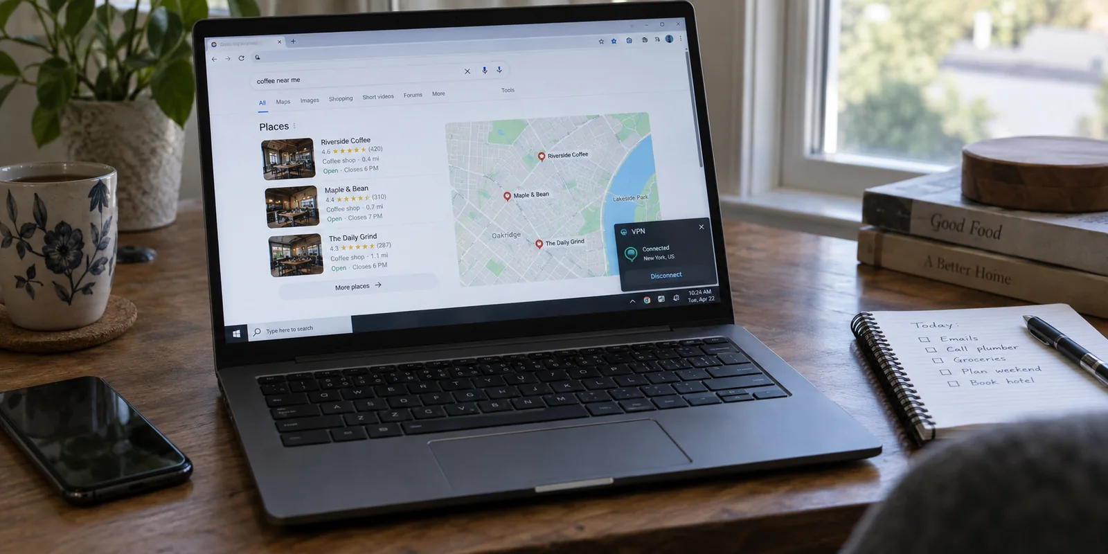 A laptop shows local search results while a VPN connection remains active.