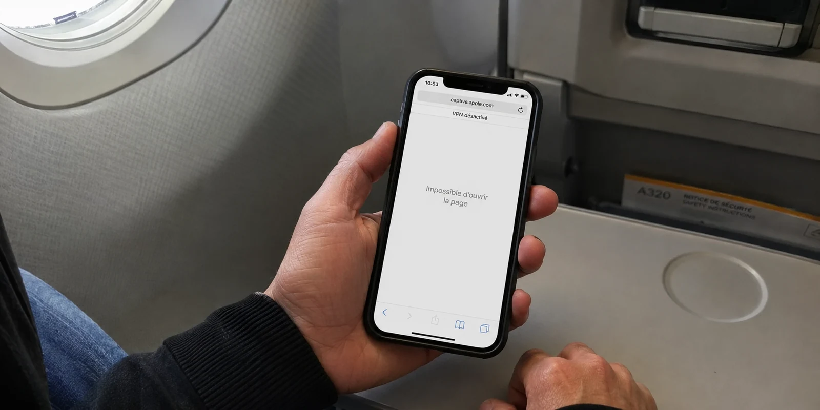 iPhone connecté au Wi-Fi de l’avion avec le VPN désactivé mais sans accès au portail captif