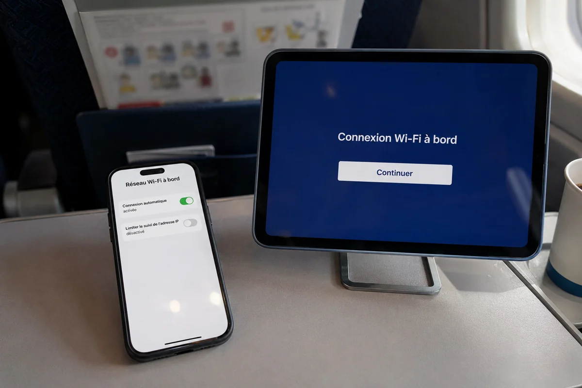 Réglage de suivi de l’adresse IP désactivé sur l’iPhone tandis que le portail Wi-Fi de bord s’affiche sur une tablette