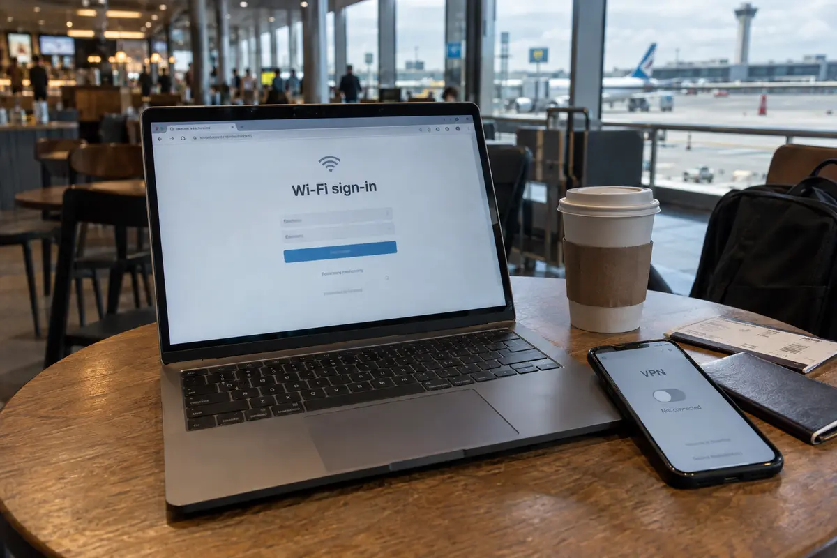 Laptop showing a public Wi-Fi sign-in page beside a phone with the VPN disconnected
