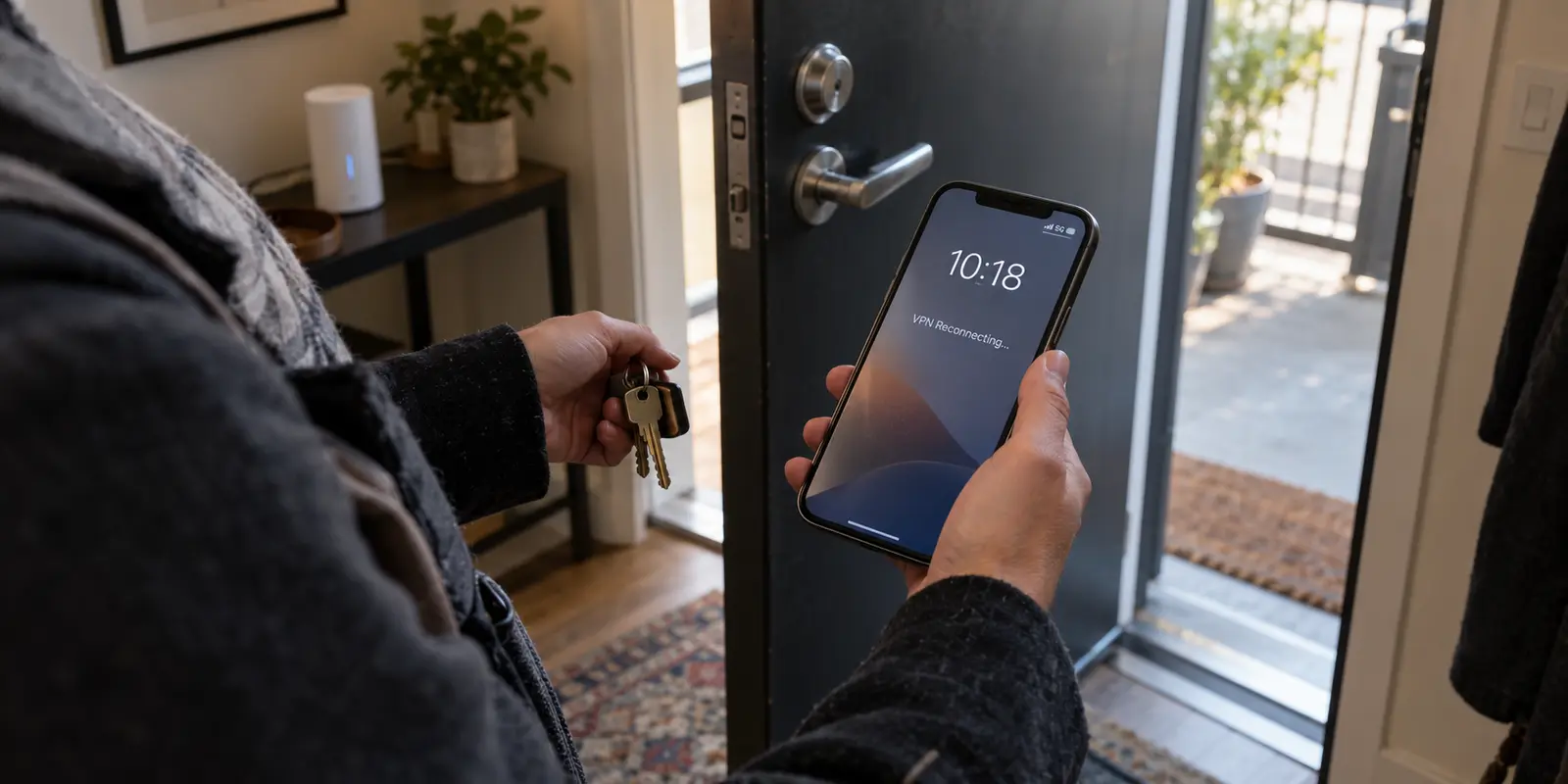 A phone shows VPN reconnecting on 5G as its owner leaves home