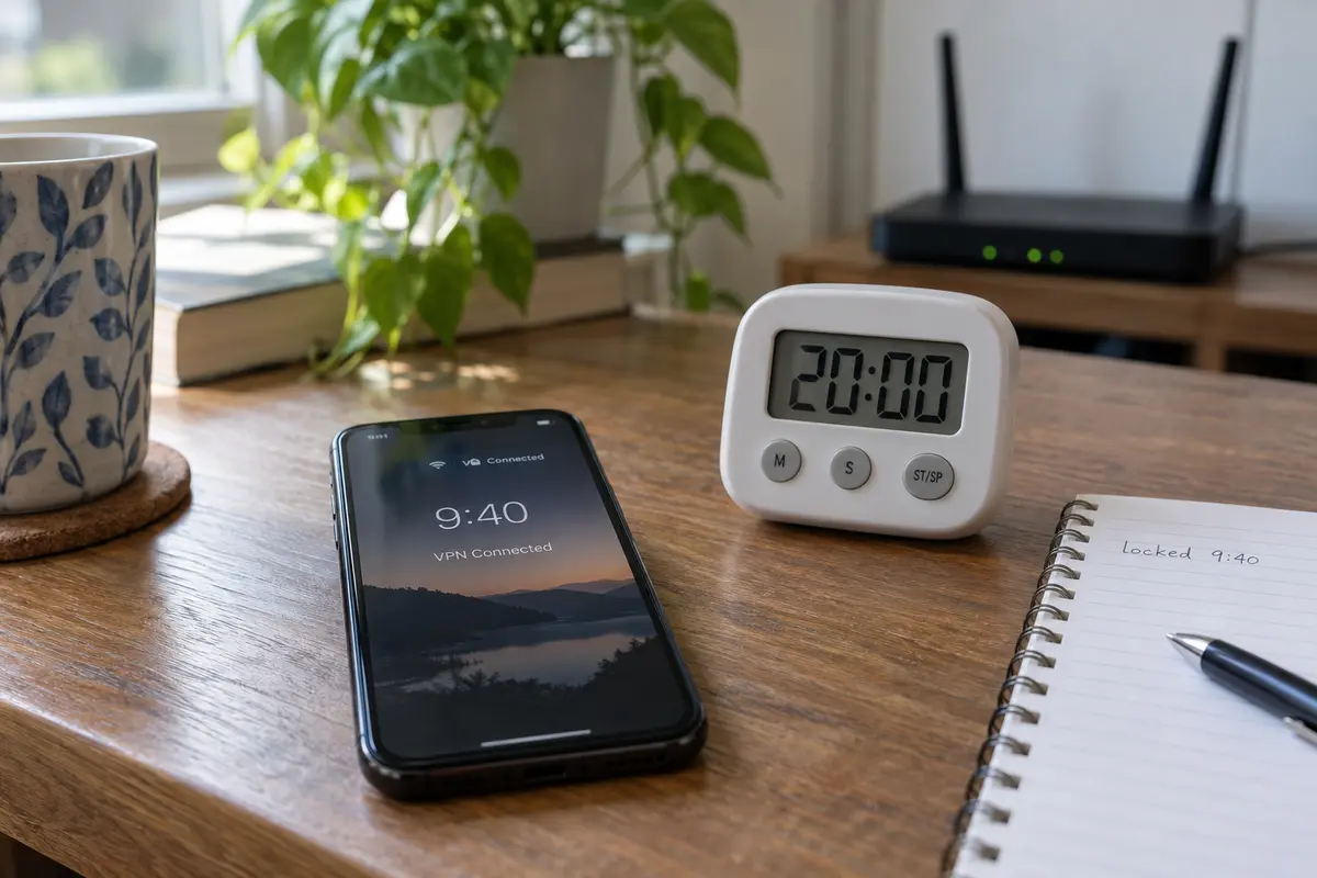 A stationary locked phone remains VPN connected beside a twenty-minute timer