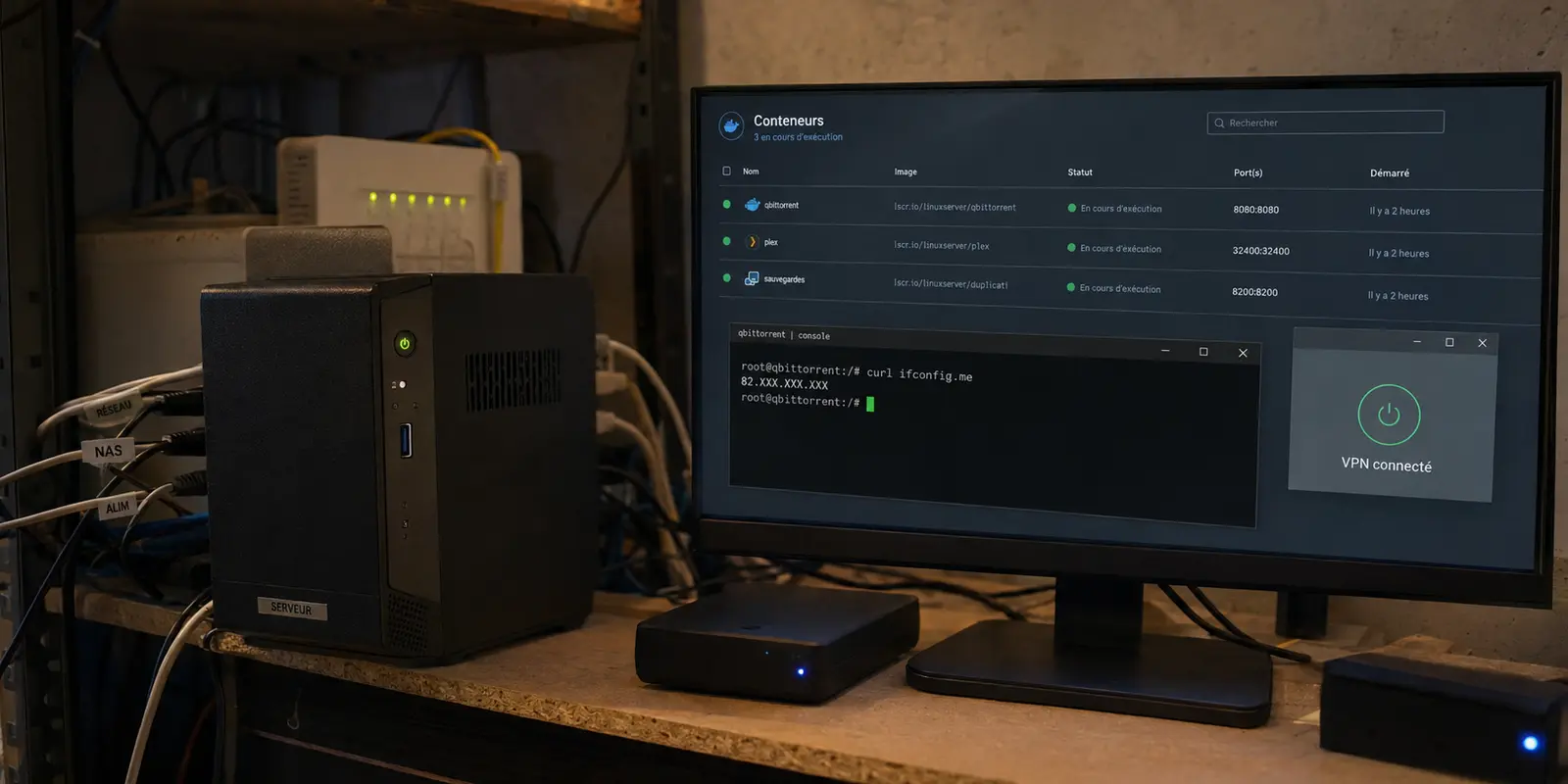 Un serveur domestique où le conteneur qBittorrent utilise encore l’adresse IP normale malgré un VPN connecté