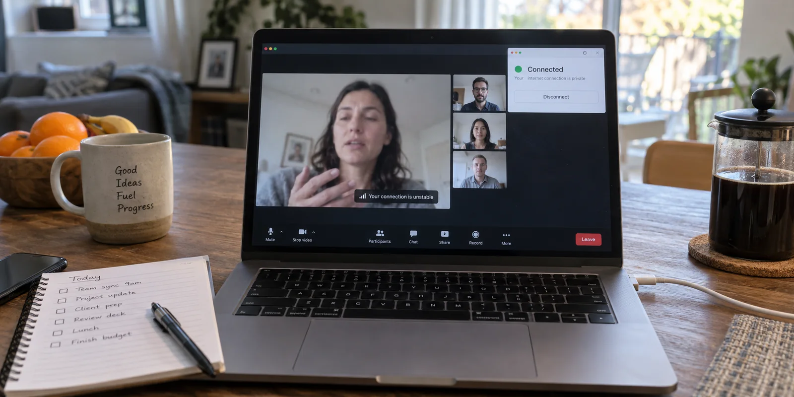 A video meeting freezes with an unstable connection warning while the VPN still says Connected.