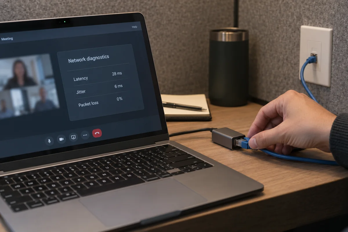 A user checks latency, jitter and packet loss while connecting a laptop to Ethernet.