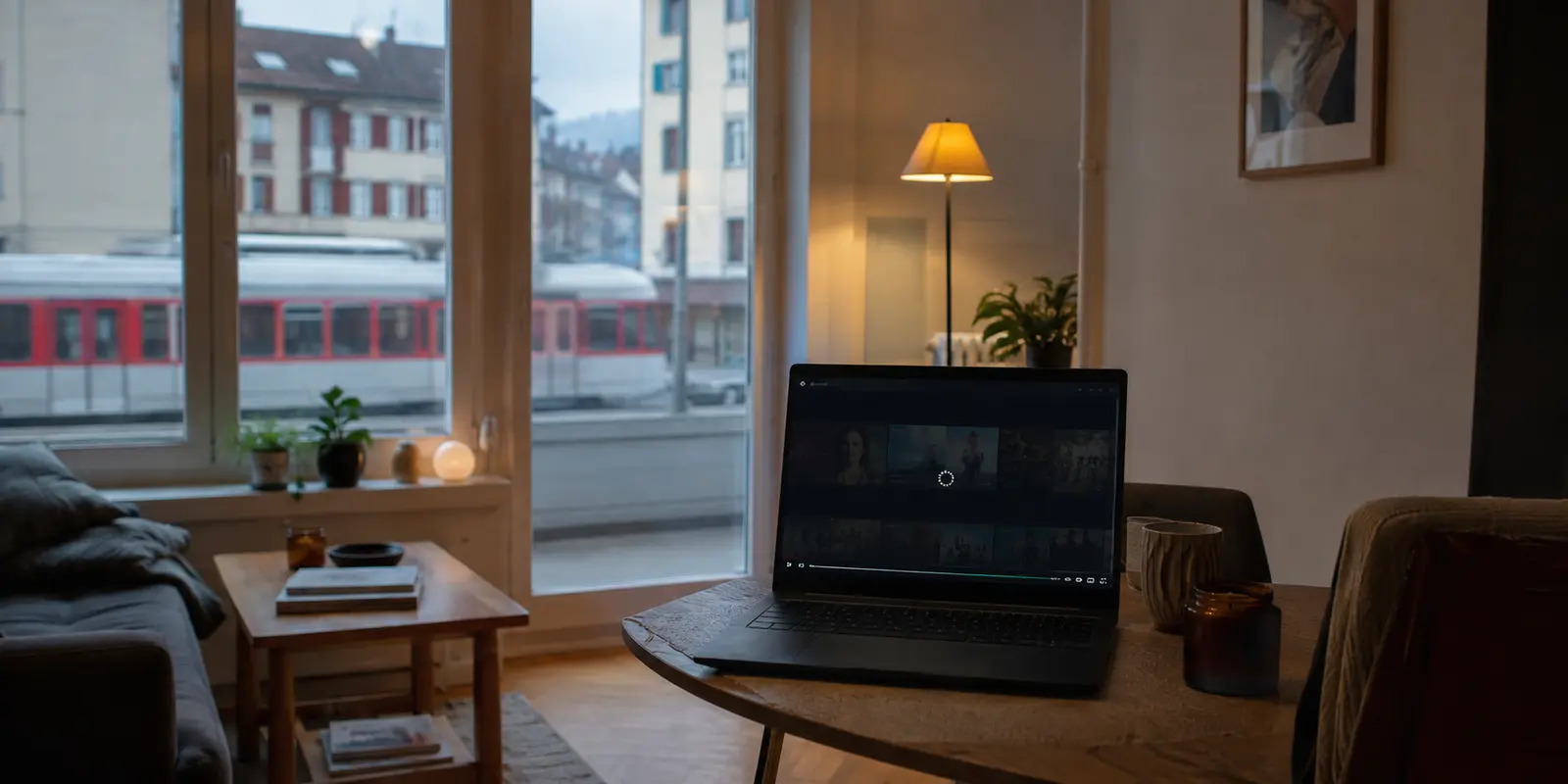 Un ordinateur portable dans un appartement suisse affiche une lecture vidéo bloquée malgré une connexion locale.