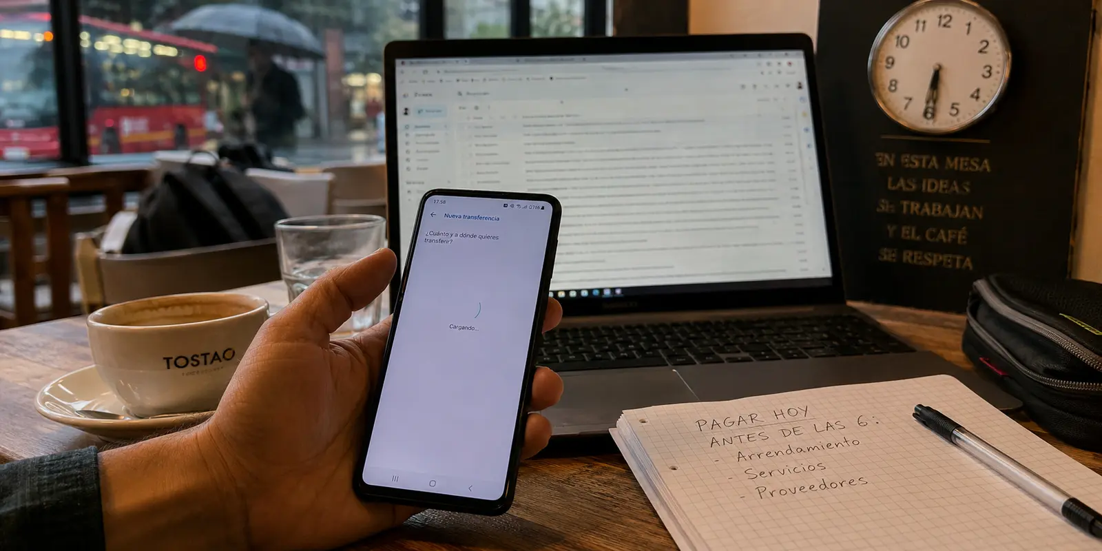 Una transferencia bancaria se queda cargando en un teléfono dentro de una cafetería de Bogotá