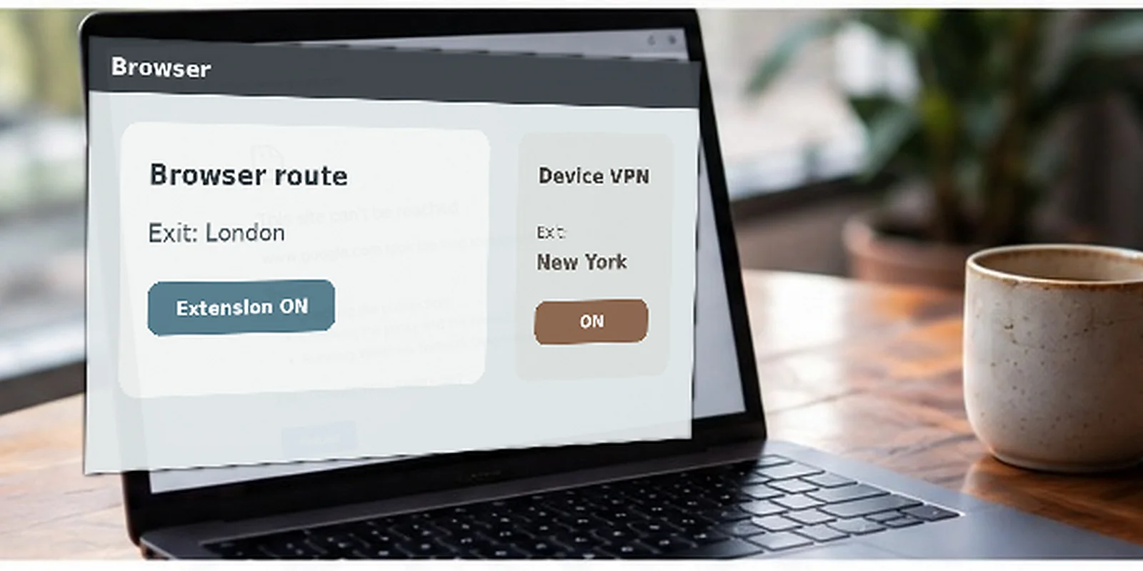 A laptop showing separate browser and device VPN routes on screen.