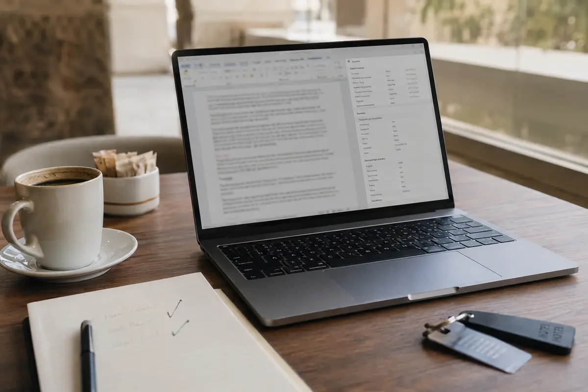 Documento de trabajo abierto junto a una comprobación discreta de DNS en el hotel