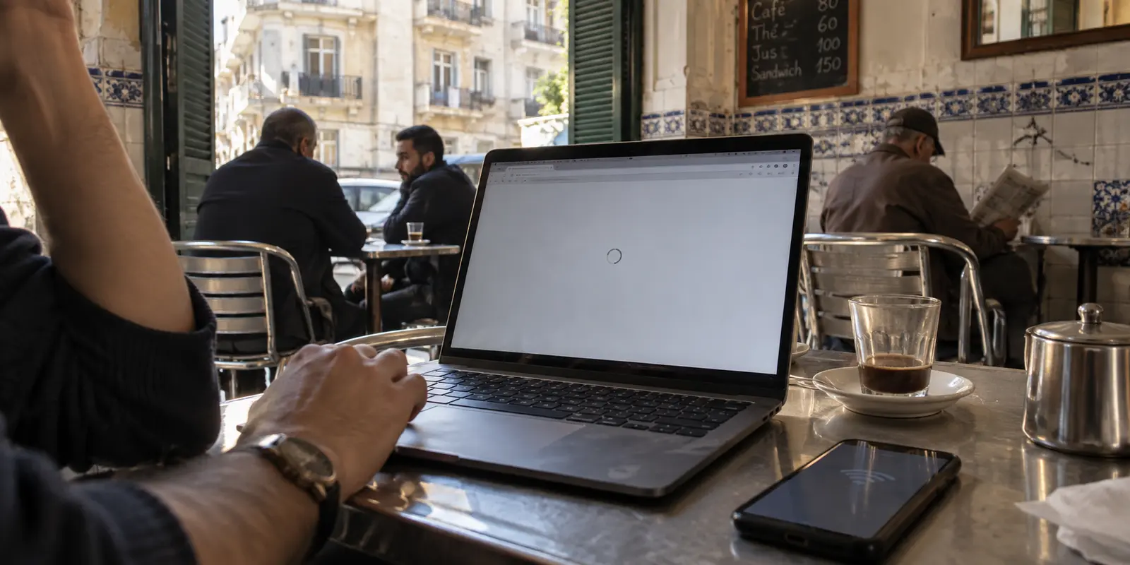 A work page stalled on a laptop in a neighborhood café in Algiers