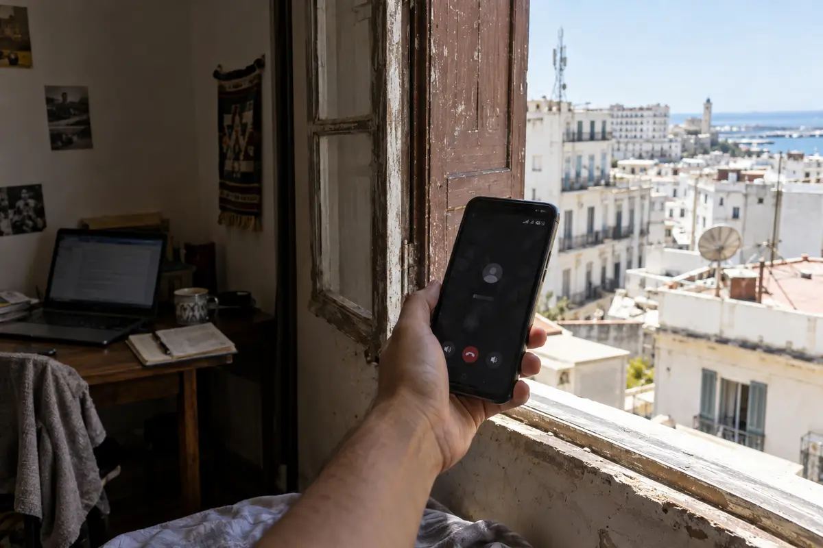 A traveler moves a phone toward an open Algiers window to recover mobile data