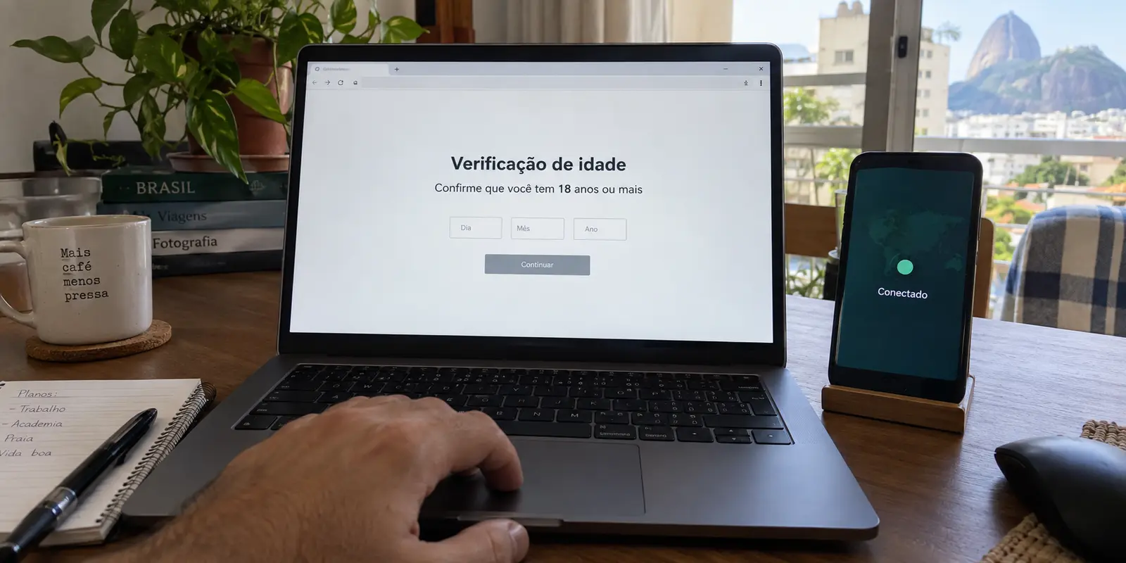 A Brazilian age-verification screen remains visible while a phone shows an active connection.