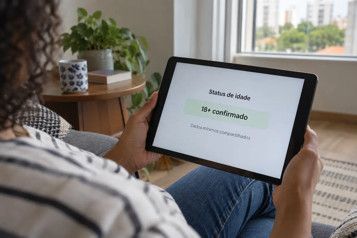 A tablet displays a minimal 18-plus age status with limited data sharing.