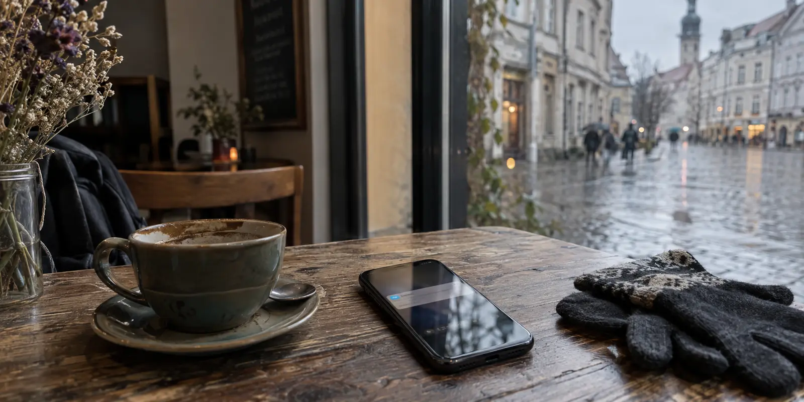 A phone with a parcel notification on a café table beside a rainy Tallinn street