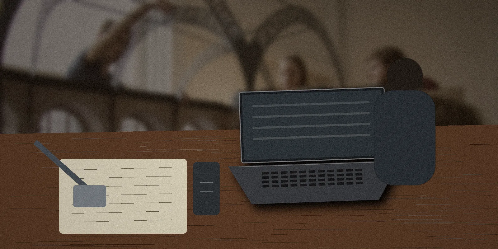 Reporter preparing notes, audio, and a laptop for an upload from a hotel room abroad