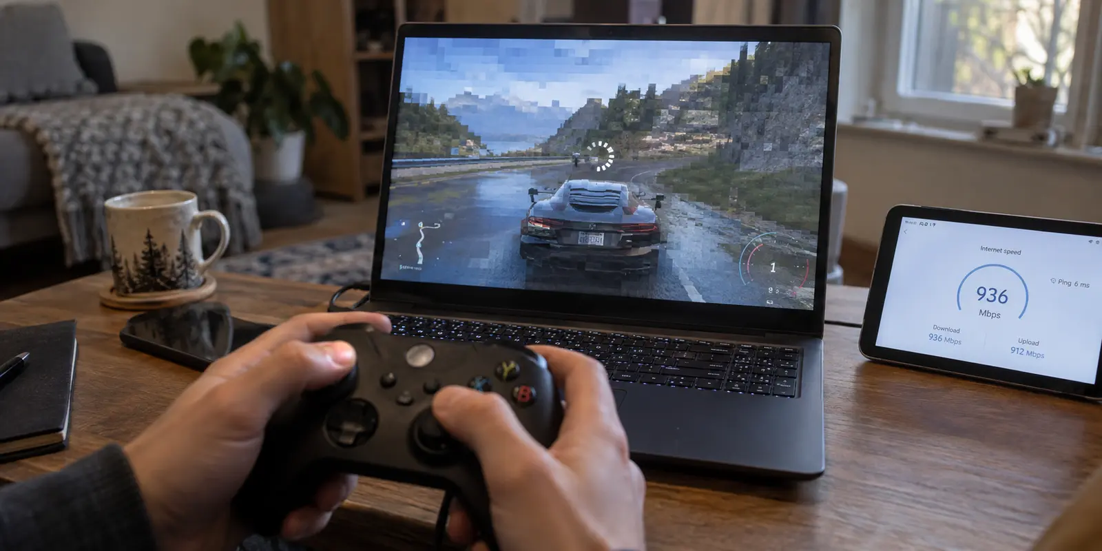 Cloud-streamed racing gameplay freezes and pixelates even while a nearby speed test reports fast internet