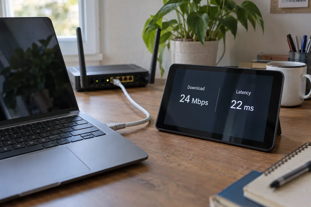 A wired home connection measures 24 Mbps download speed and 22 ms latency