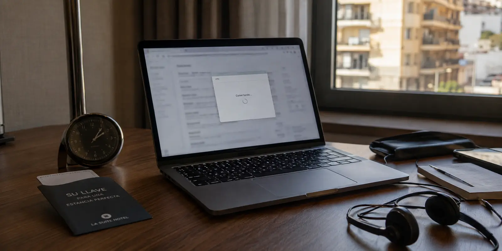 Un portátil de hotel con Internet disponible y la VPN detenida en Conectando después de completar el portal Wi-Fi
