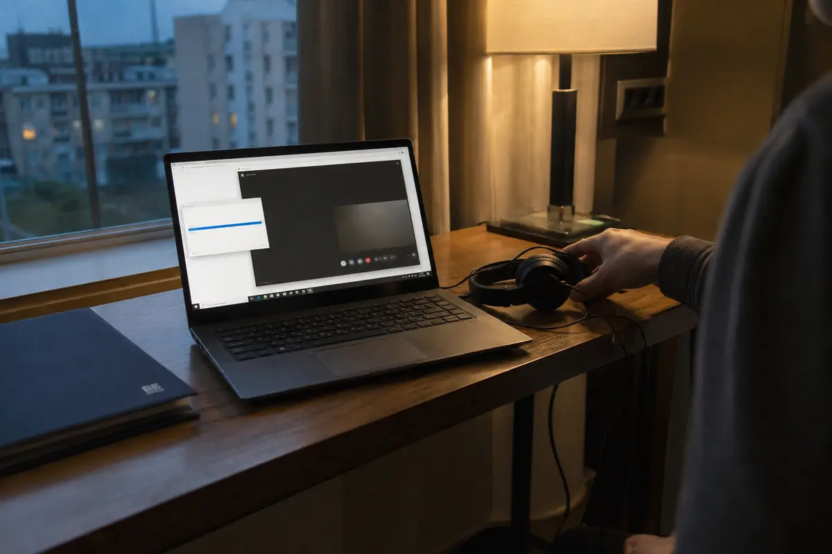 Un portátil con la web cargada y una videollamada preparada después de recuperar el túnel del hotel