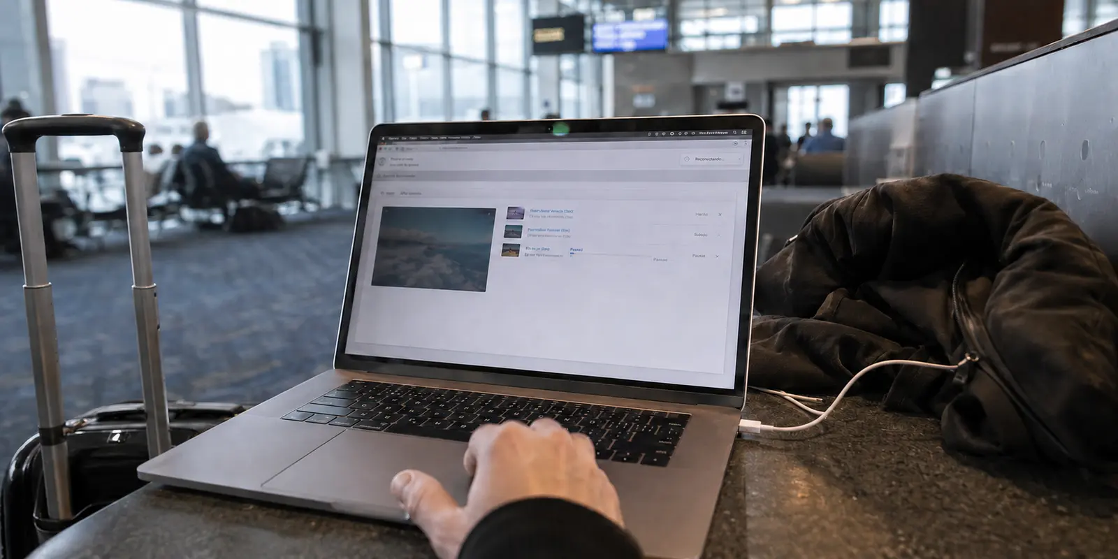 El portátil recupera el Wi-Fi del aeropuerto, pero la VPN sigue reconectando y la subida queda pausada