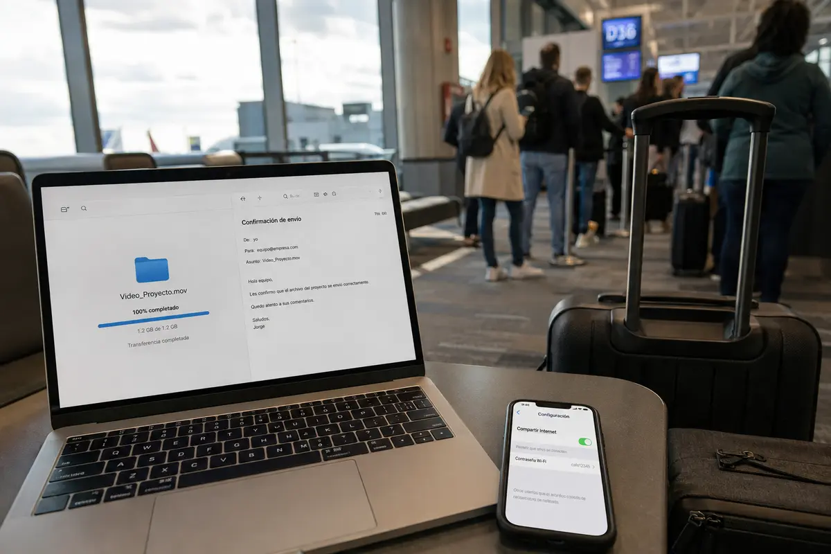 La transferencia termina mediante el punto de acceso del teléfono mientras empieza el embarque