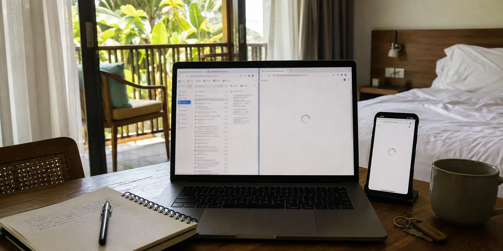Correo abierto junto a un portal de cliente que no carga en el Wi-Fi de un hotel de Bali