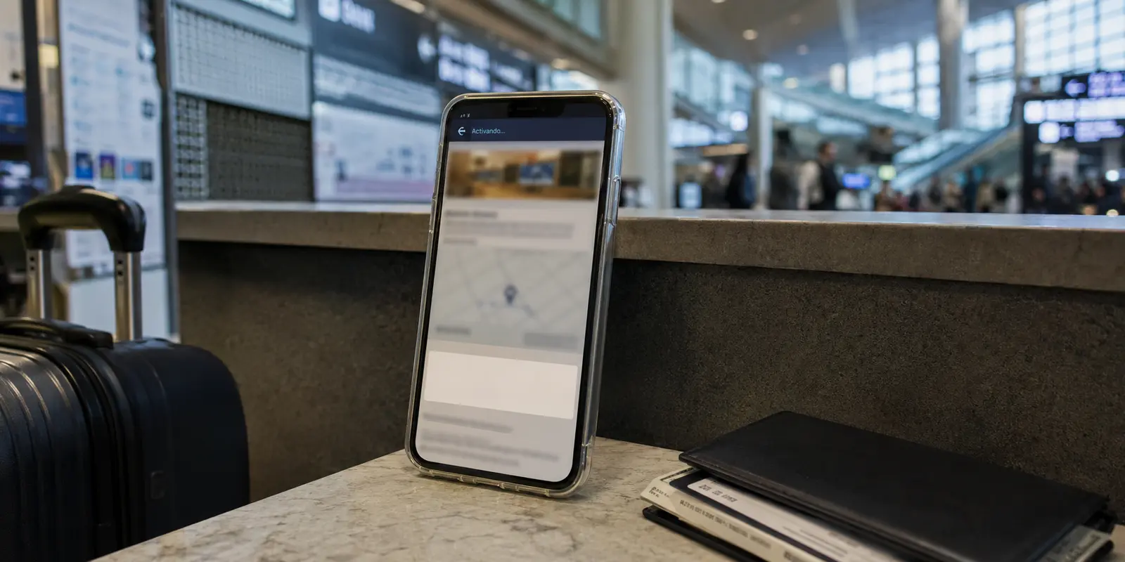 Teléfono en Narita con la eSIM activándose y la página del hotel aún incompleta