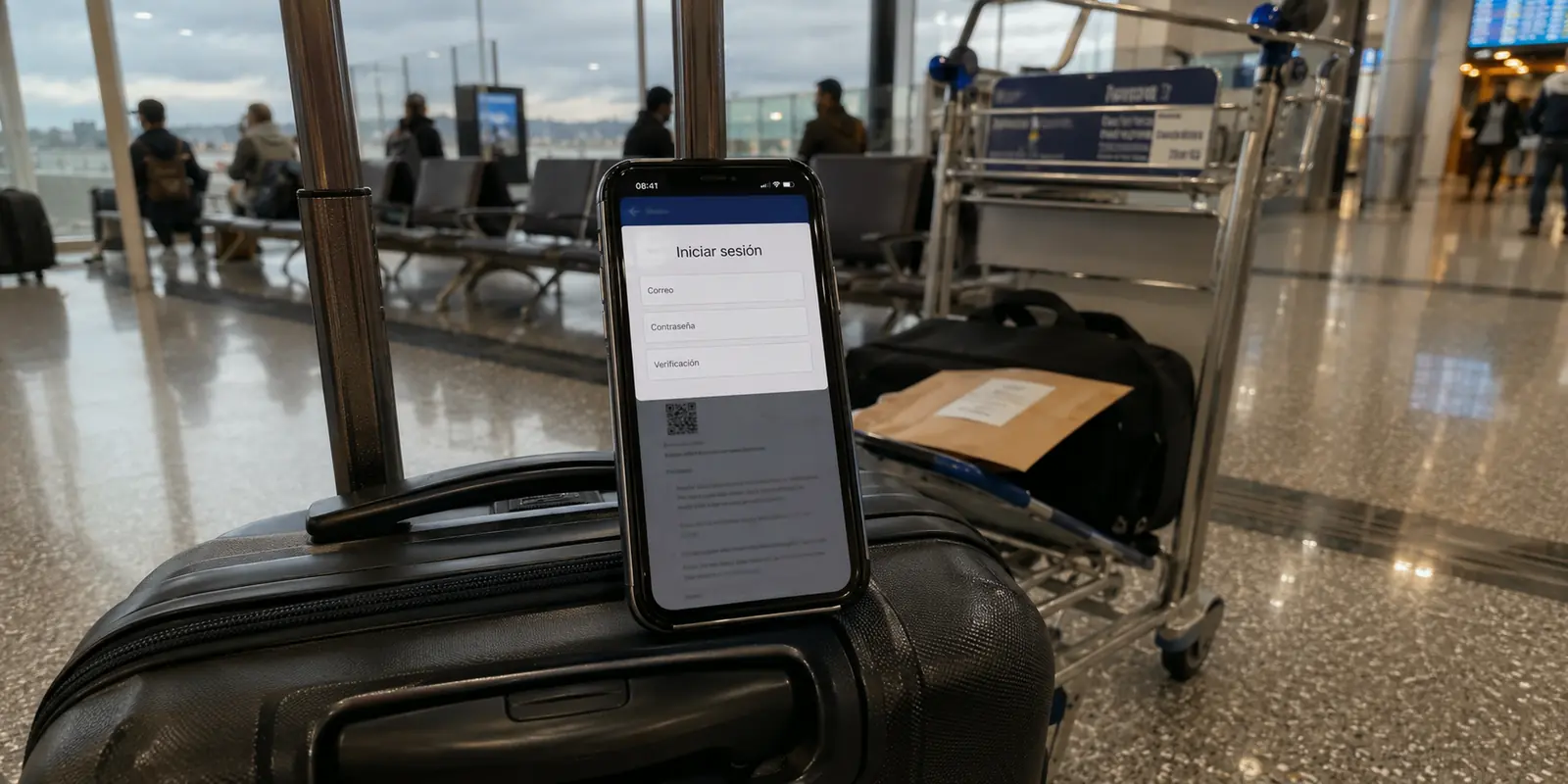 Un teléfono pide iniciar sesión en la VPN junto al equipaje en el aeropuerto de Auckland.