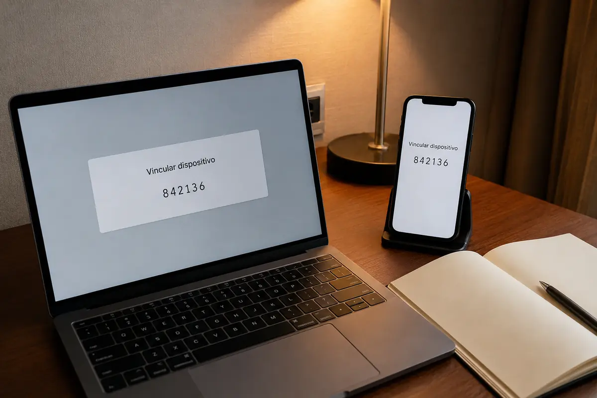 Un portátil y un teléfono se vinculan con el mismo código de verificación en un hotel.