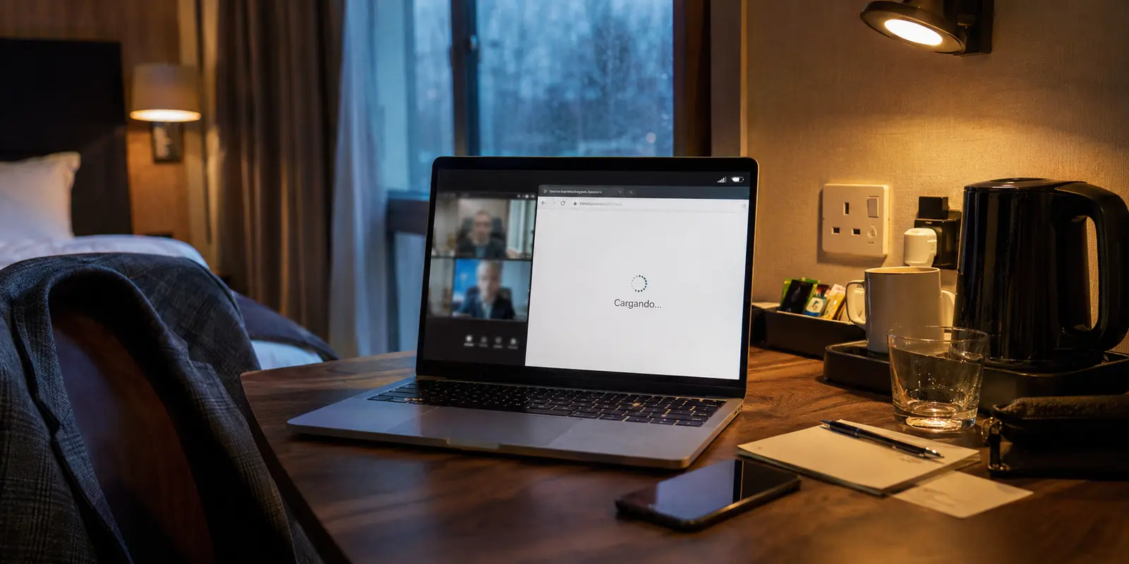 Portátil en un hotel británico con una videollamada congelada aunque el Wi‑Fi mantiene buena señal