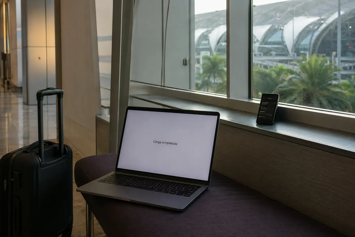 Carga completada en un portátil conectado al punto de acceso del móvil en Suvarnabhumi