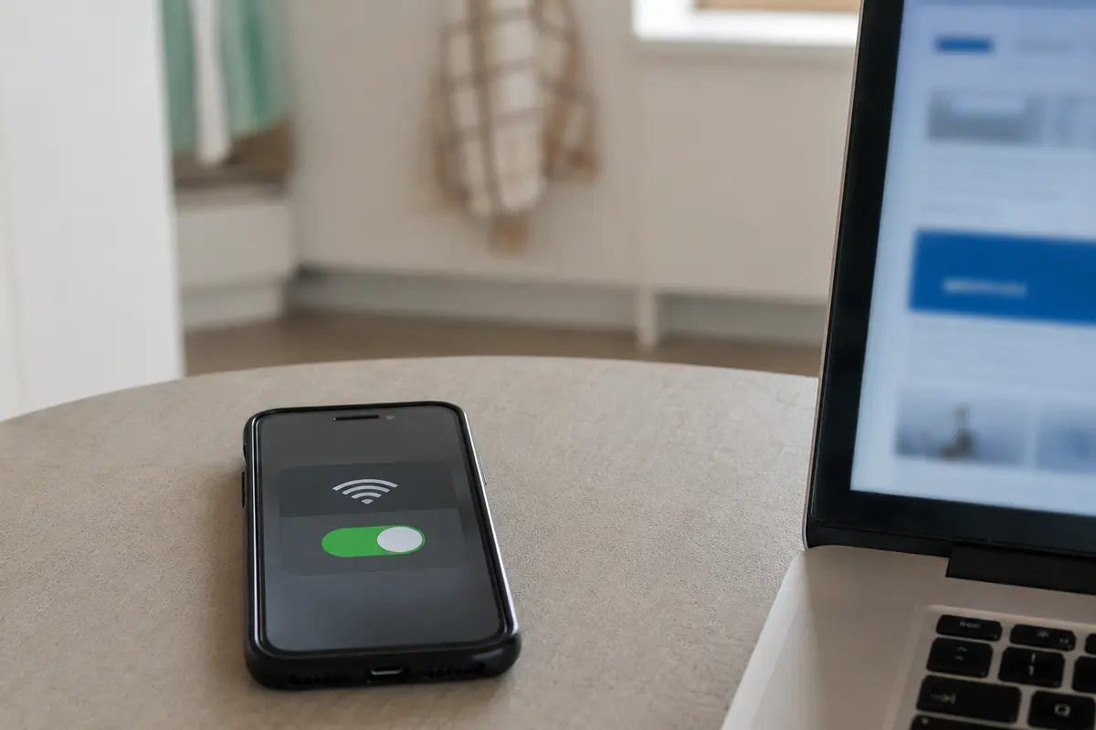 Smartphone-Hotspot neben einem Notebook während eines erfolgreichen VPN-Gegentests