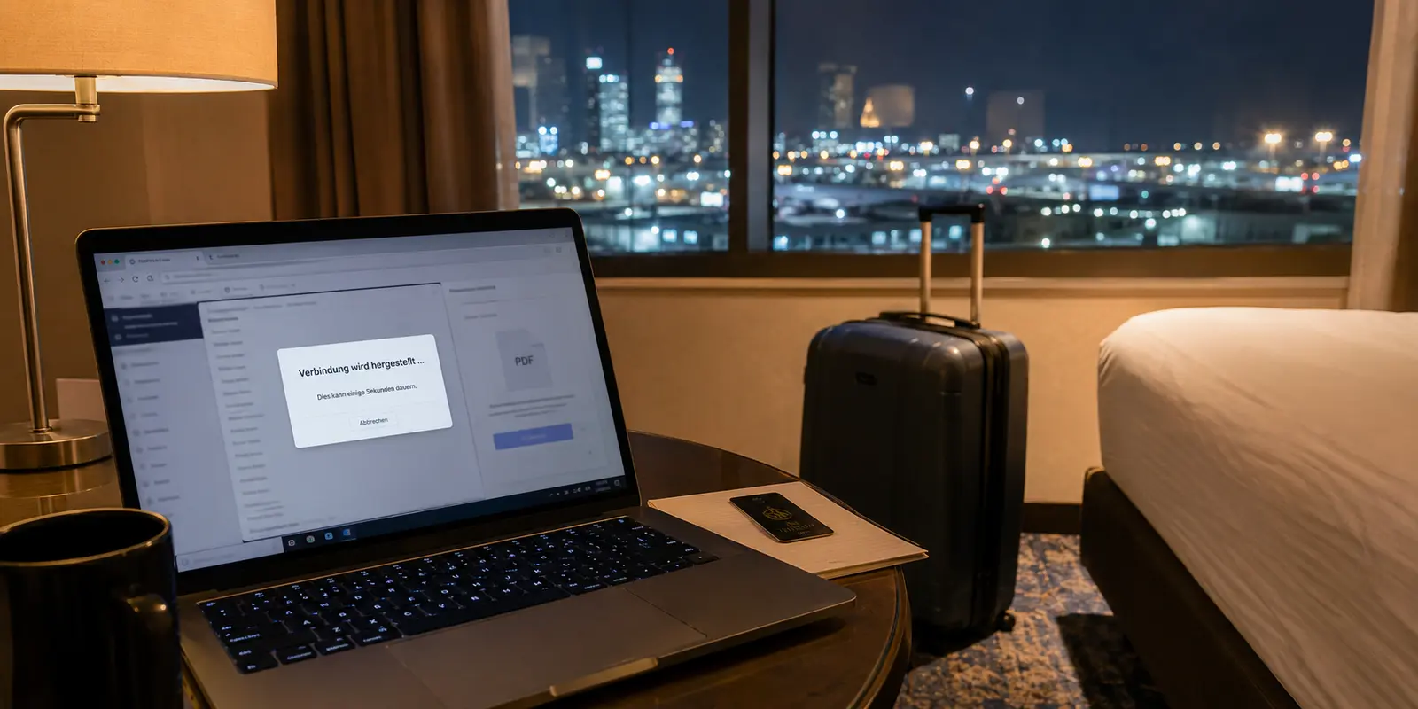 Ein Laptop wartet in einem Dubai-Hotelzimmer vergeblich auf die VPN-Verbindung