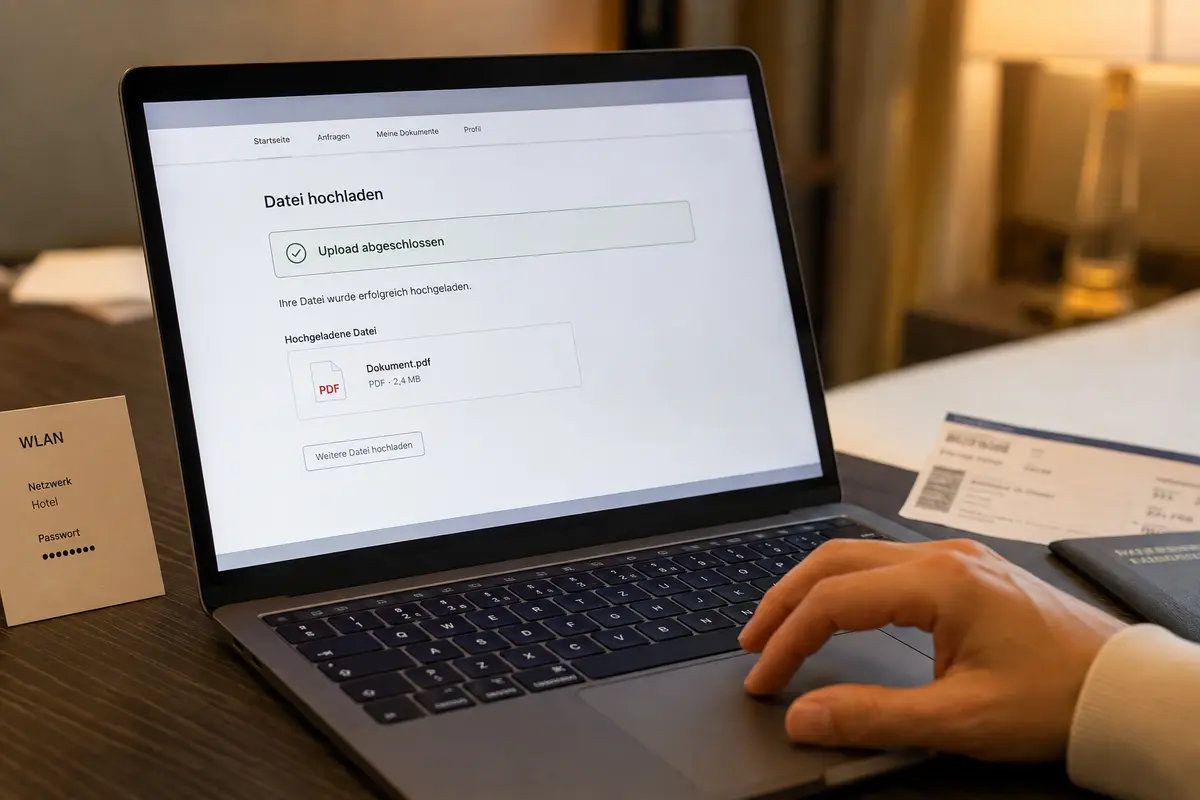 Ein Kundenportal bestätigt den abgeschlossenen Datei-Upload im Hotelnetz