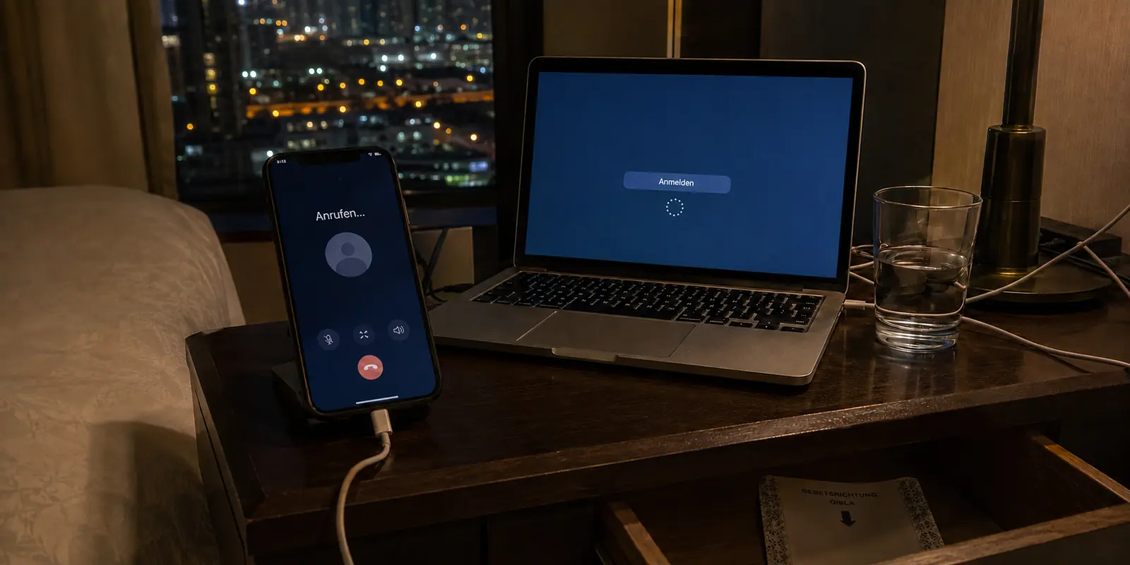 Ein privater Anruf bleibt in einem Hotel in Doha hängen, während die VPN-Anmeldung lädt.