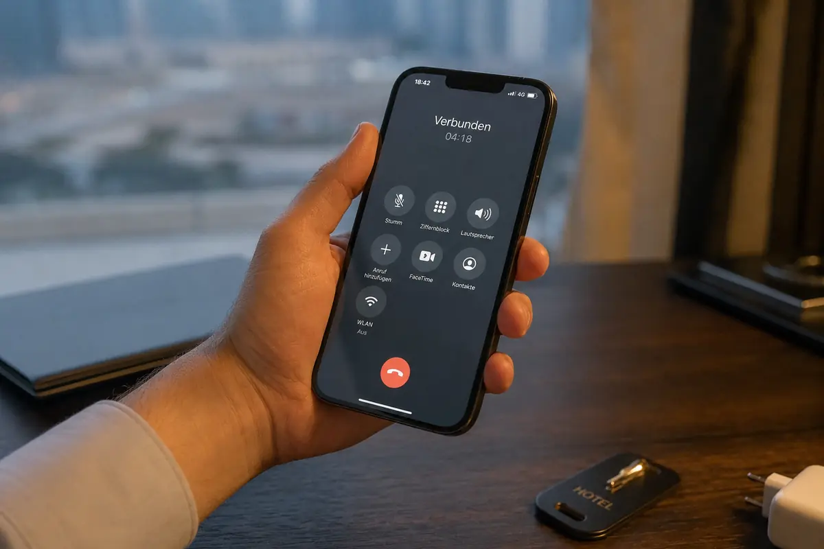 Ein laufender Anruf bleibt beim Wechsel vom Hotel-WLAN auf Mobilfunk verbunden.