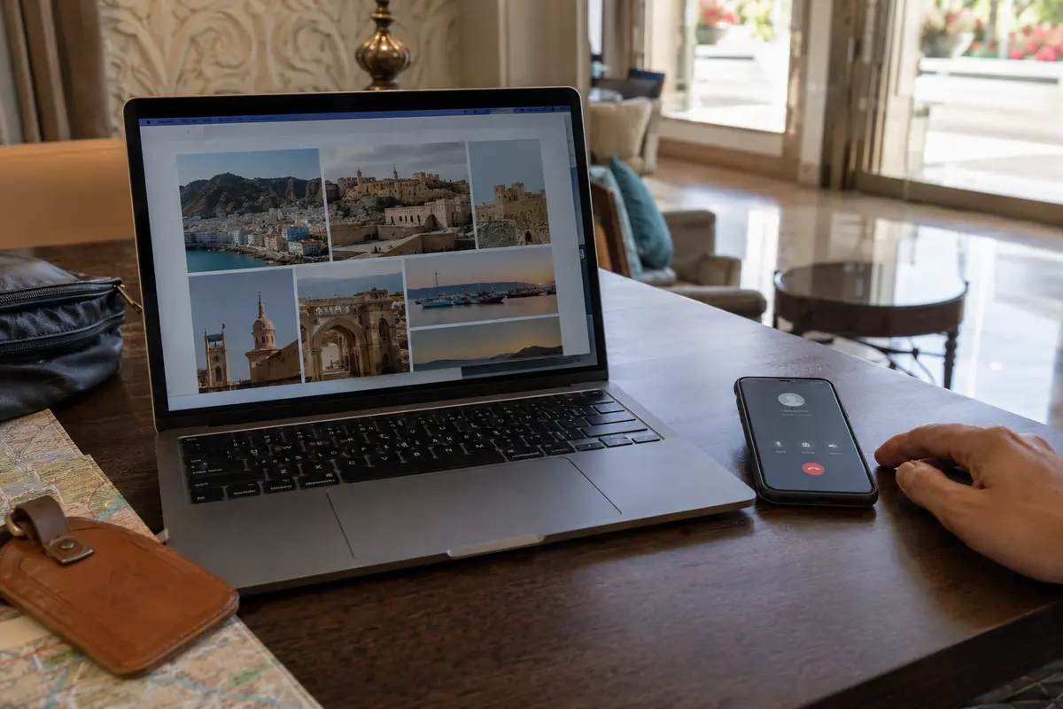 Ein geladenes Reiseportal auf dem Laptop, während der danebenliegende Internetanruf nicht durchkommt