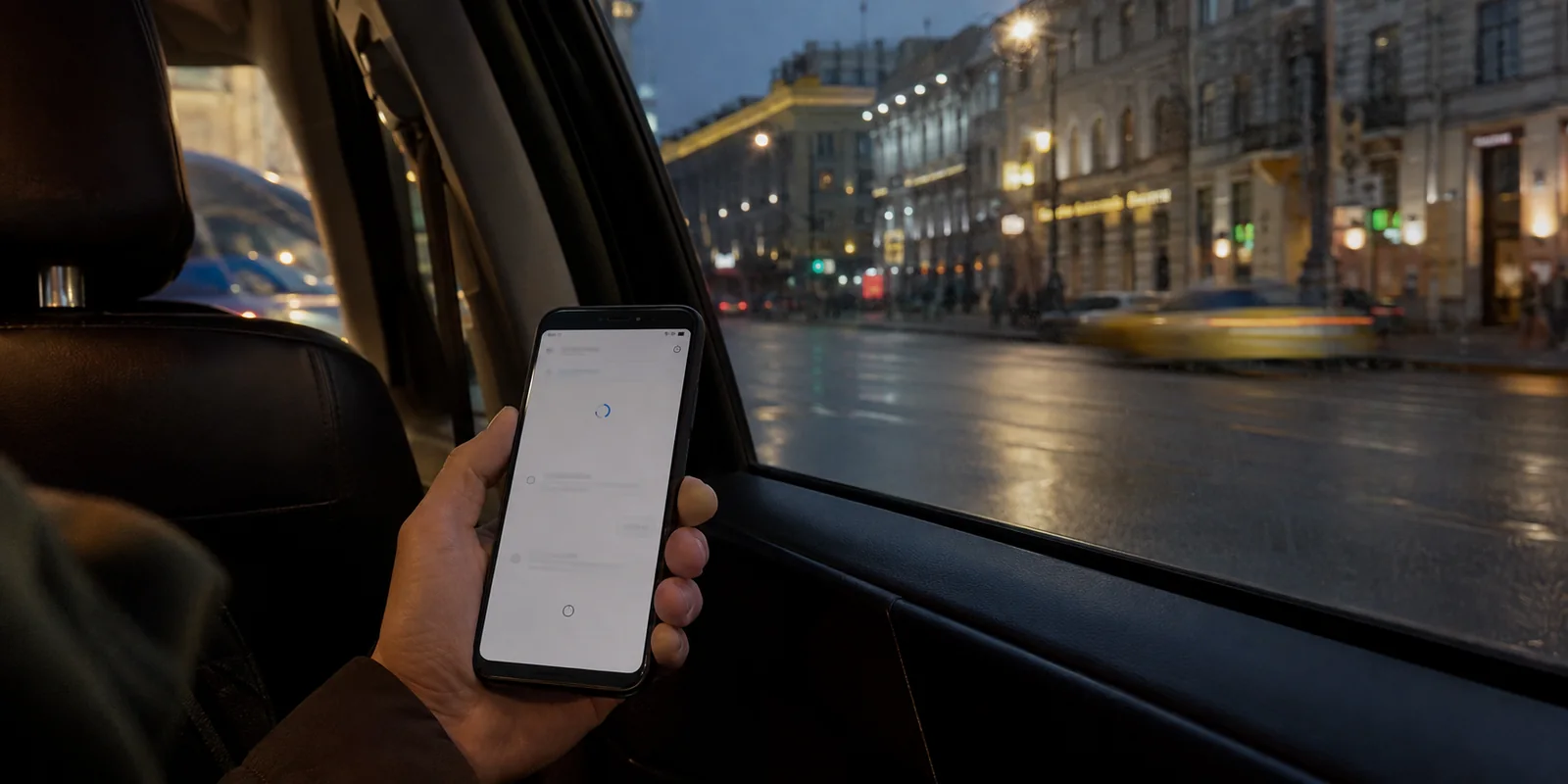 In einem Moskauer Taxi lädt eine Nachrichten-App auf dem Smartphone nicht.