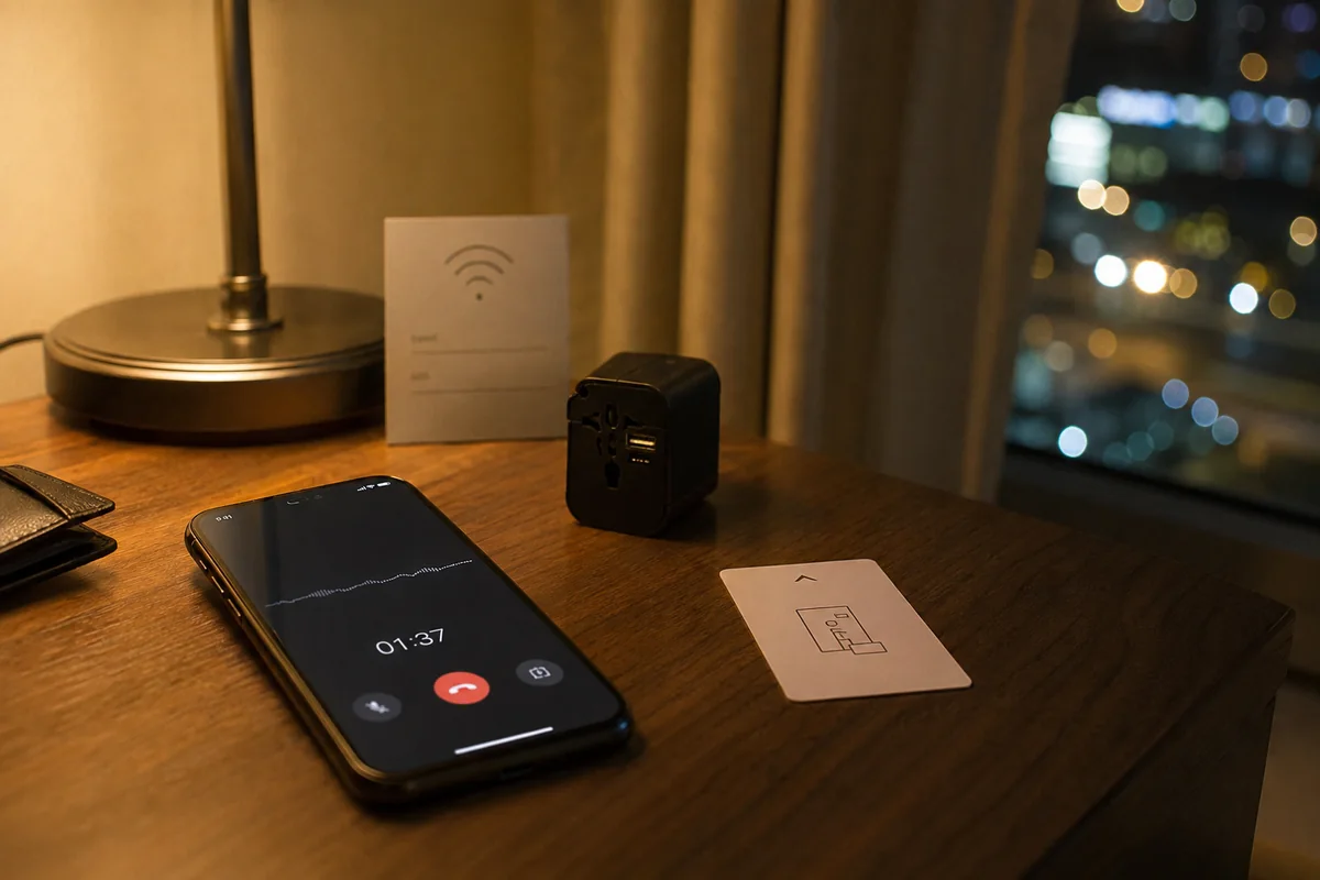 Ein Smartphone liegt während eines funktionierenden Anrufs auf einem Moskauer Hotelzimmer-Schreibtisch.