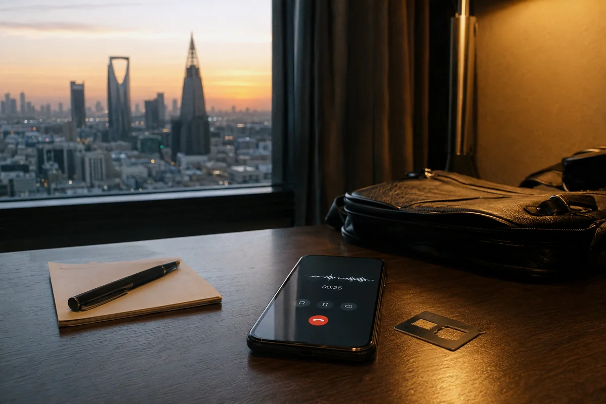 Ein Smartphone liegt während eines gelungenen Anrufs auf dem Schreibtisch eines Hotels in Riad.